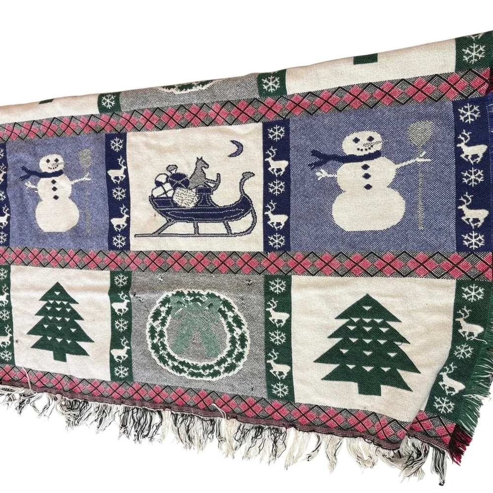 Vintage 90s Woven Christmas Throw Blanket, Snowmen, Trees, Sleigh, Plaid Border